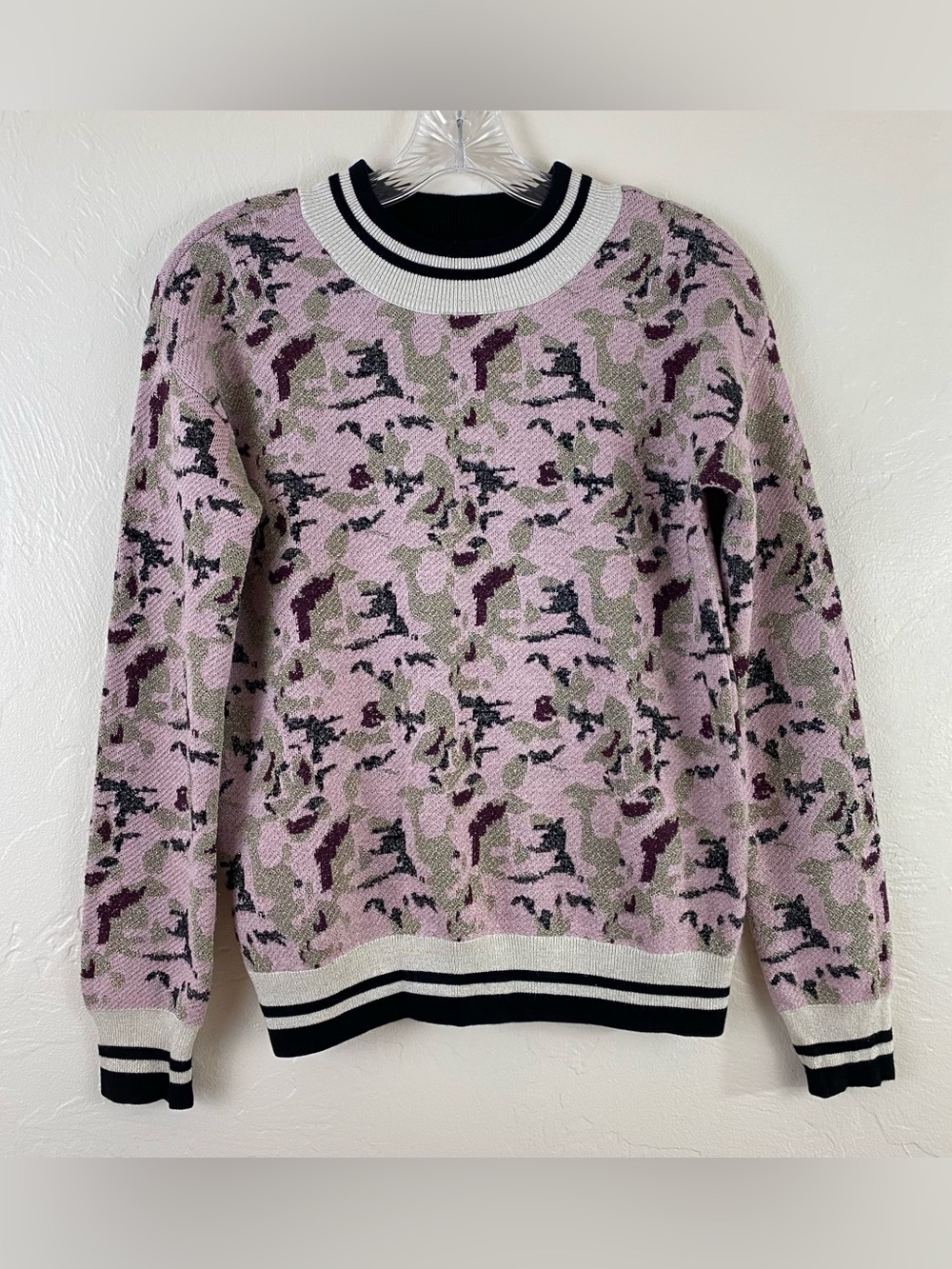 Saint Tropez Size Small Pink & Black Metallic Camouflage Mock Neck Rib Sweater